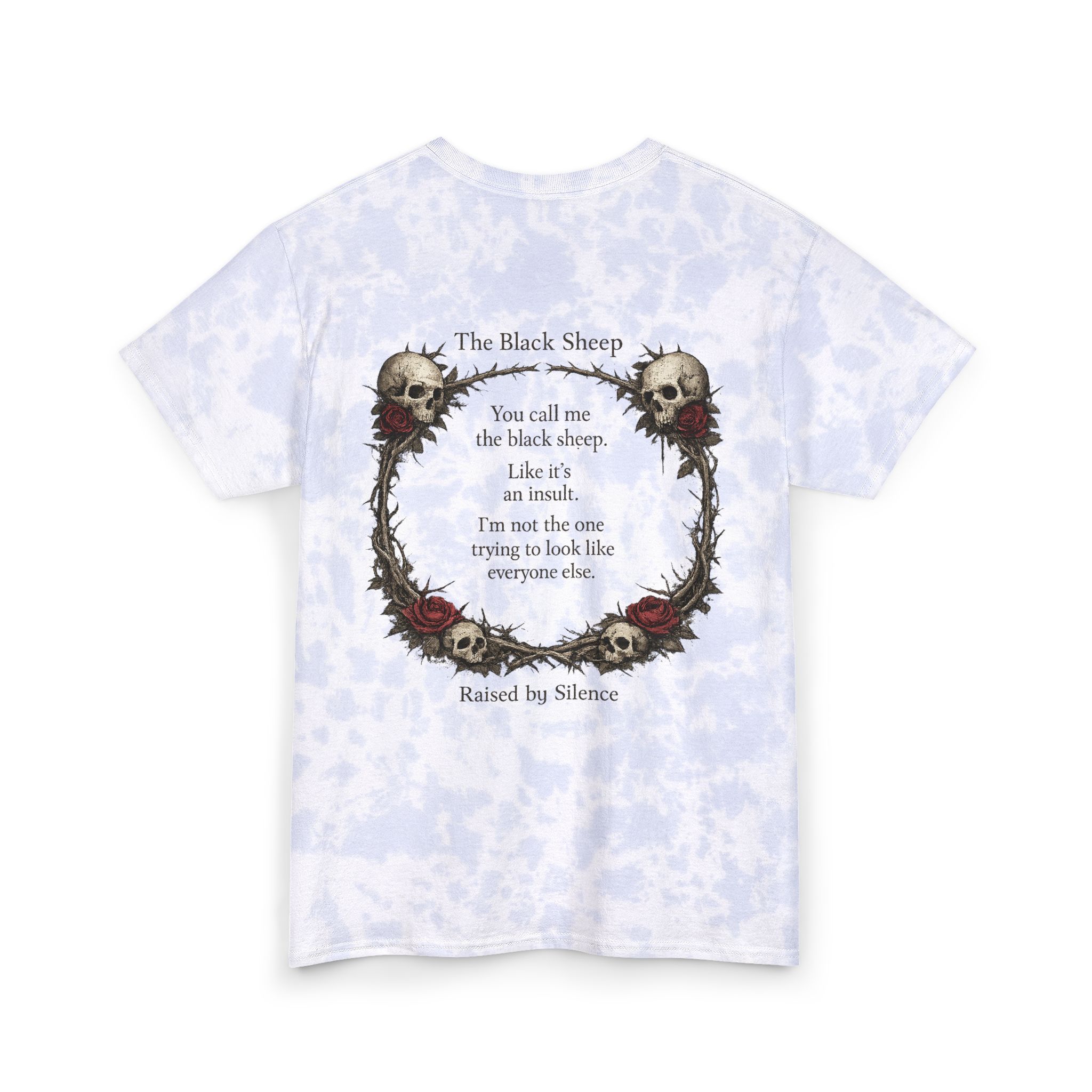 Raised by Silence skull wreath tee | tie dye band lyric shirt