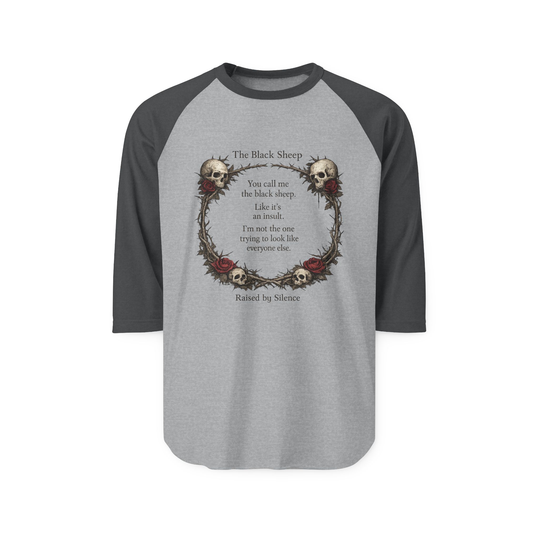 Gothic ‘Black Sheep’ Raglan Shirt — Skull Wreath Poem 3/4 Sleeve